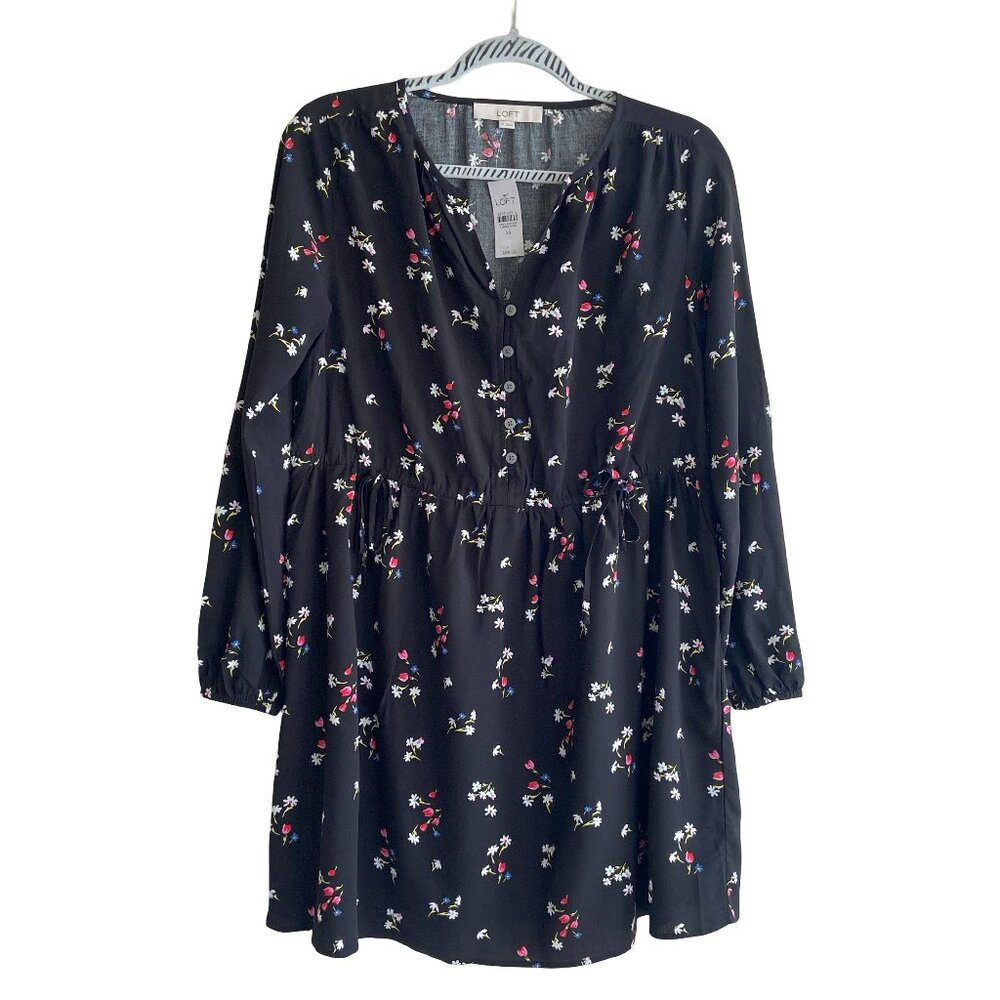 NWT LOFT Floral Long sleeve Tunic/Dress Button up front Adjustable waist Size XS
